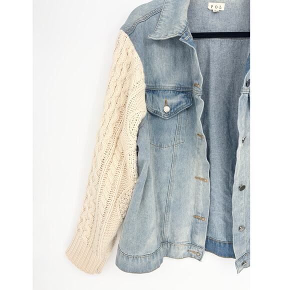 POL Lightwash Denim Cream Crochet Sleeve Jacket Size XL - Picture 4 of 7